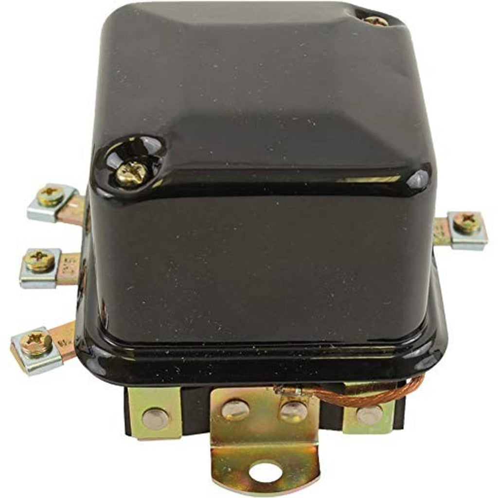 Voltage regulator with black housing, metal base, and exposed electrical terminals