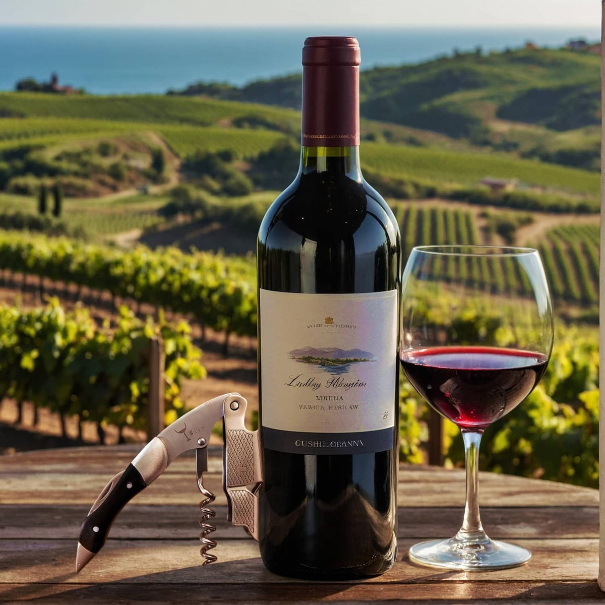 Stainless wine corkscrew with dark handle beside a wine bottle