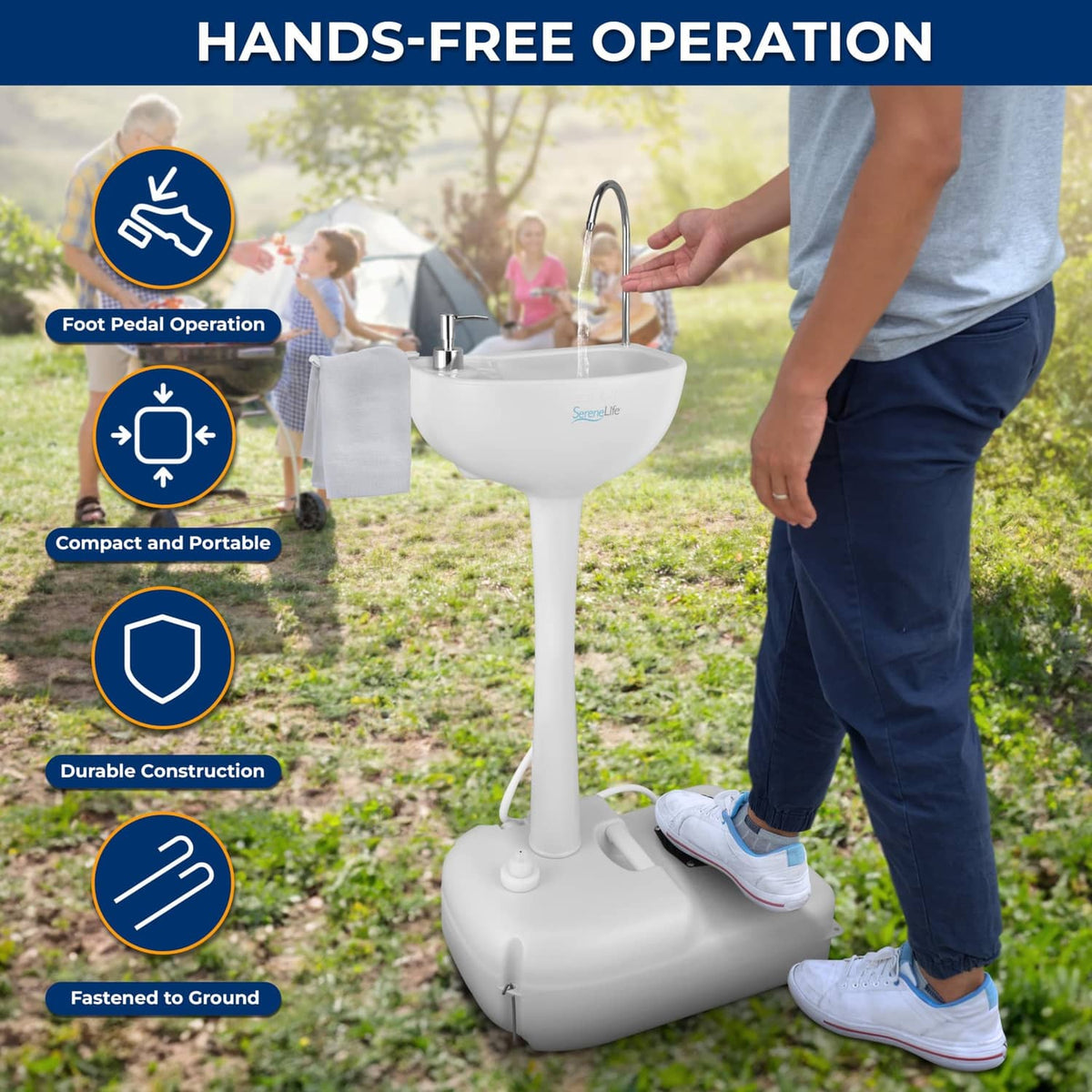 White portable hand wash sink station with faucet basin and foot pedal pump
