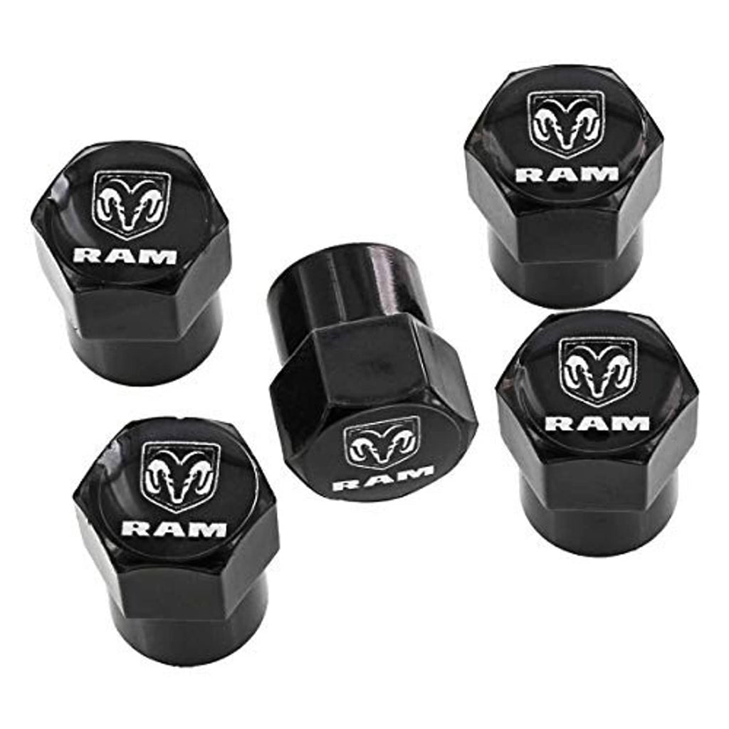 Black octagonal valve stem caps with RAM logo, pack of five