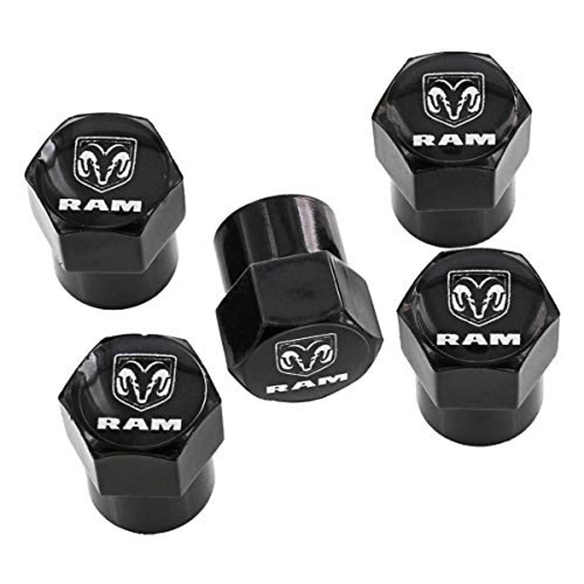 Black octagonal valve stem caps with RAM logo, pack of five