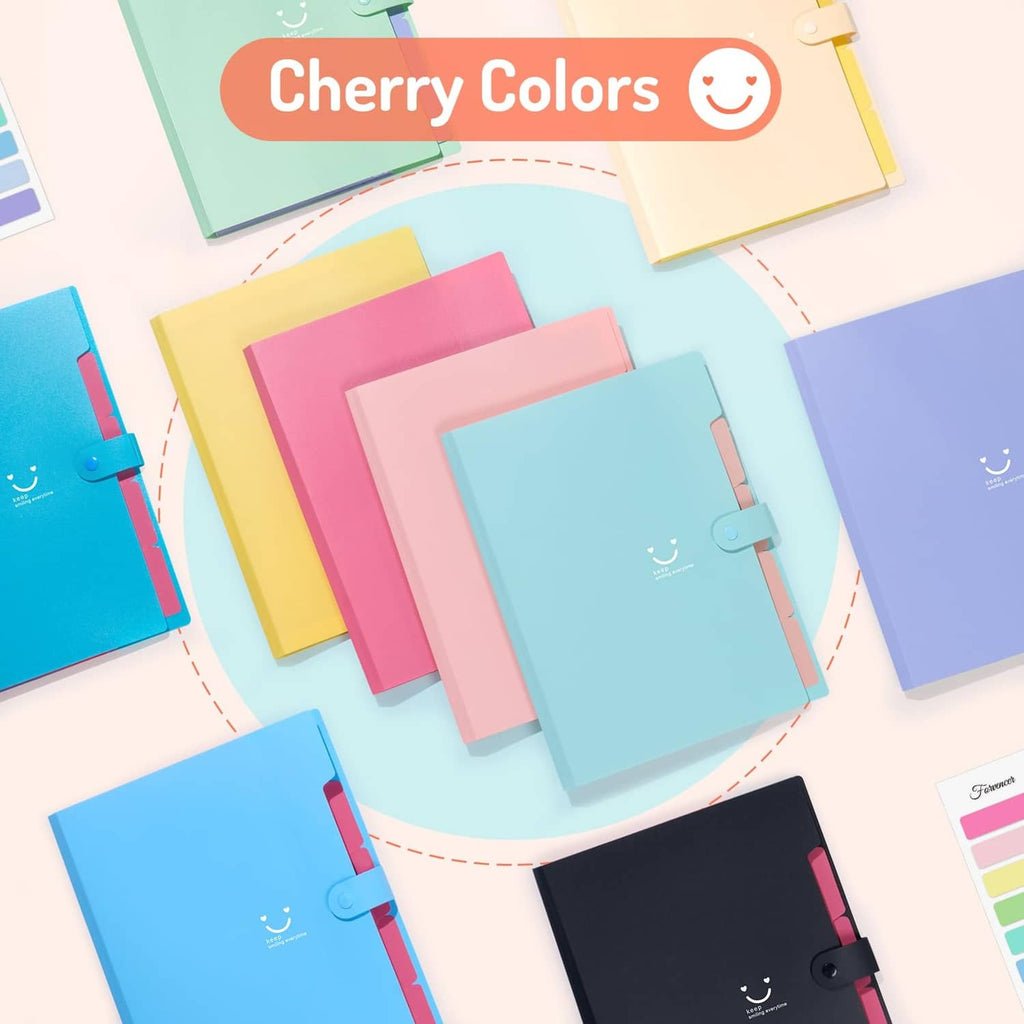 Pastel accordion file organizers with snap tabs, shown in multiple cherry colors