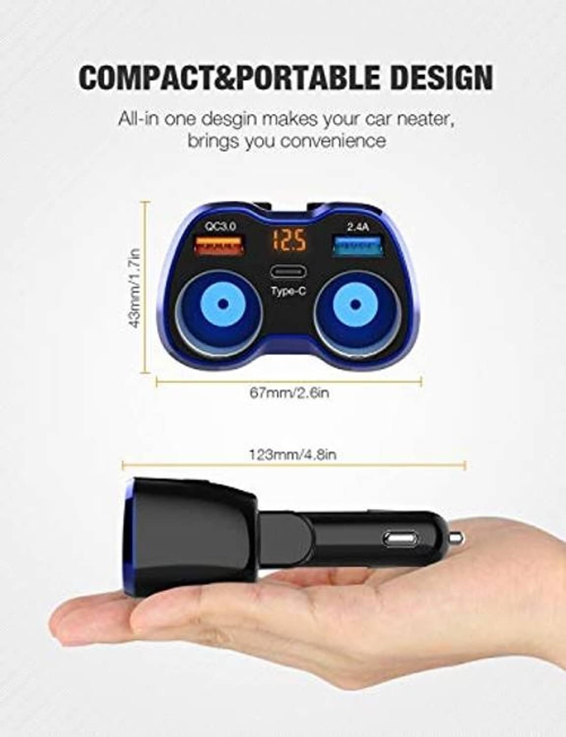 Compact black car charger plug with dual blue rings, USB ports, and Type-C