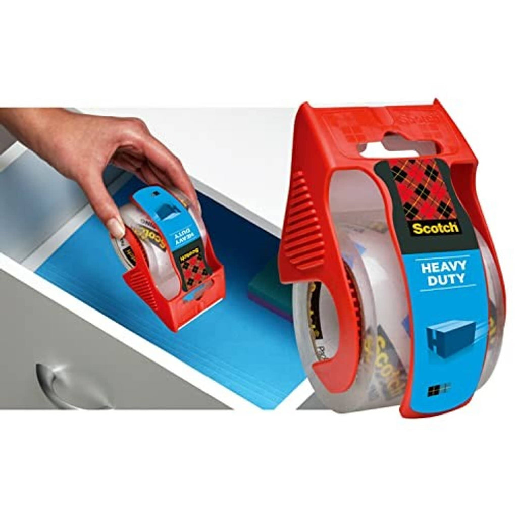 Scotch heavy-duty tape dispenser applying clear tape to a box edge