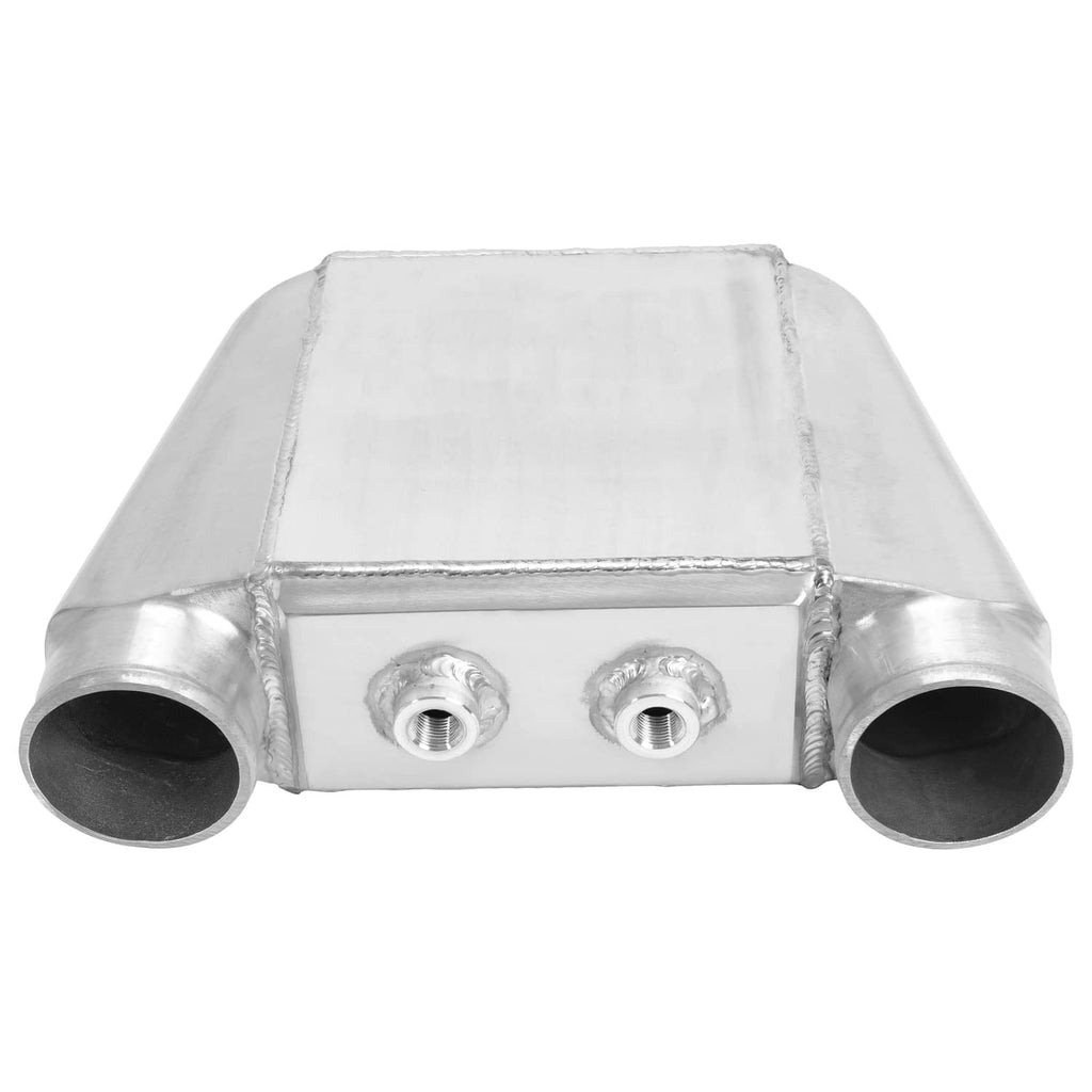 Aluminum water intercooler with two threaded ports and dual side tube openings.
