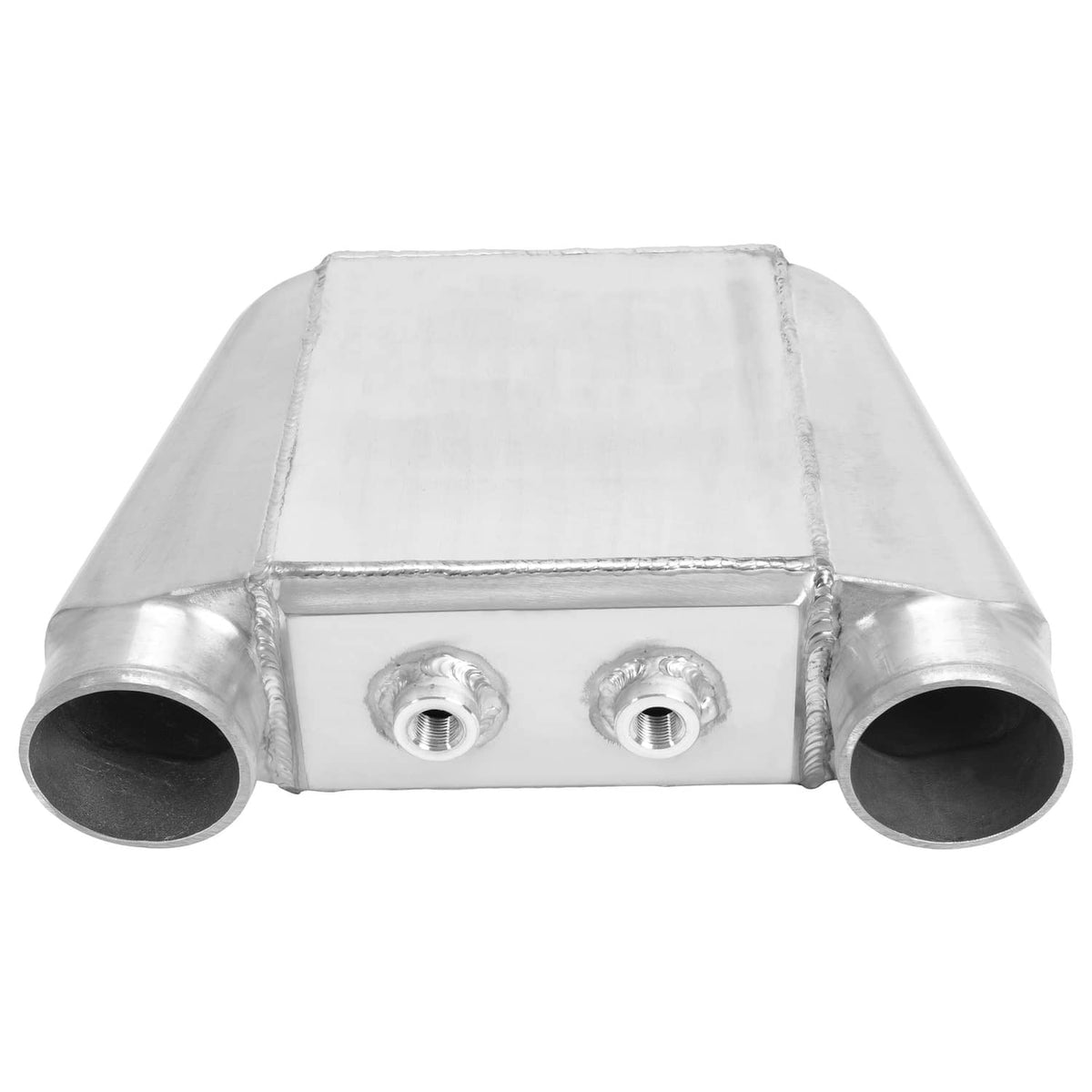 Aluminum water intercooler with two threaded ports and dual side tube openings.