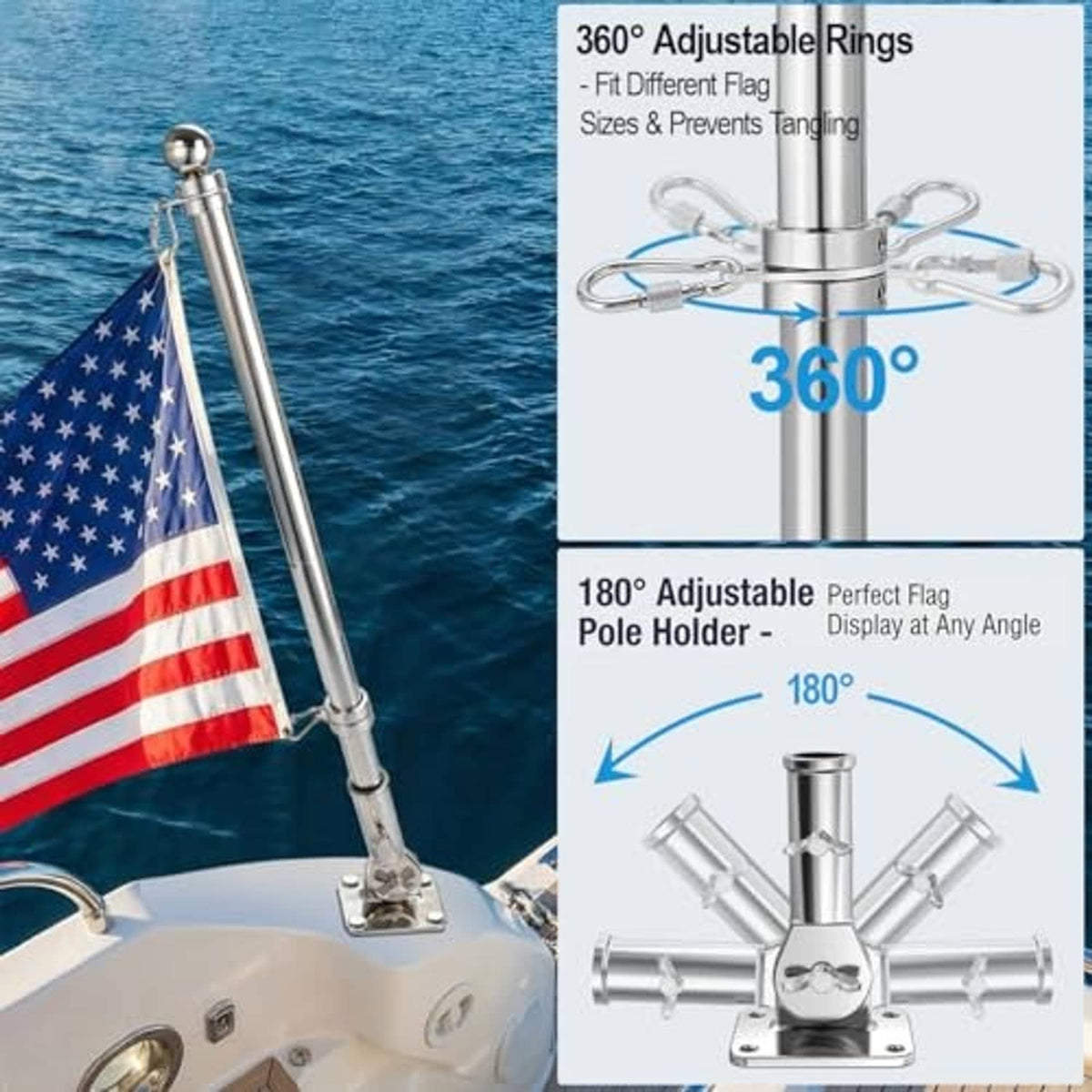 Adjustable marine flagpole holder with rings on boat deck, flying an American flag