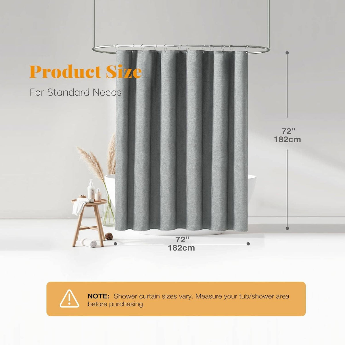 Grey shower curtain hanging panel with top grommets and evenly spaced folds