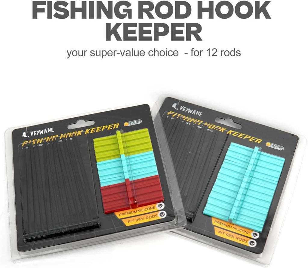 Blister-pack fishing rod hook keepers set with silicone strips in multiple colors