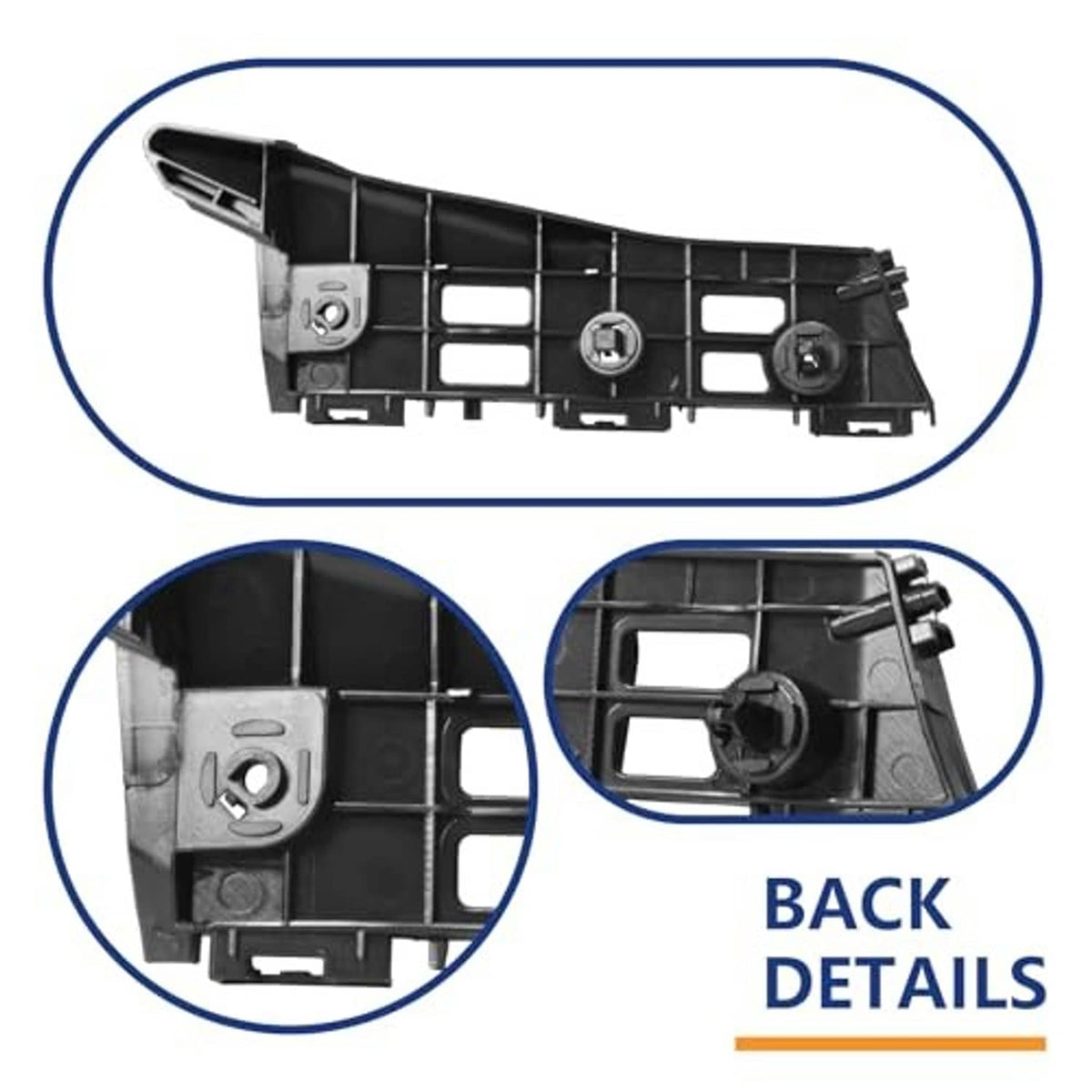 Black bumper bracket retainer with back-detail inset showing mounting points