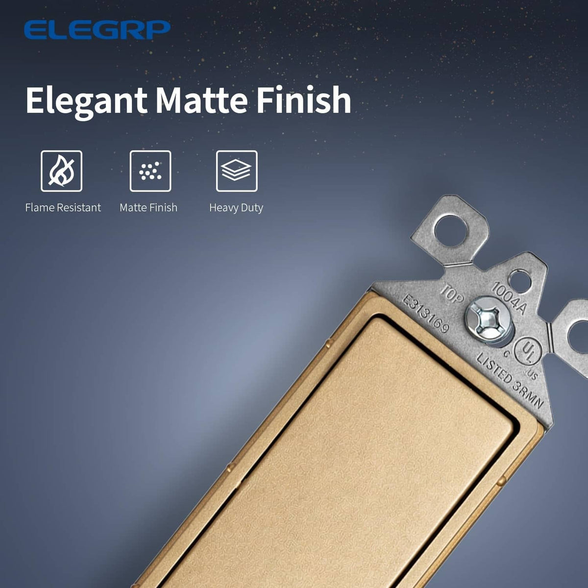 Matte champagne light switch with smooth textured face and metal mounting straps.
