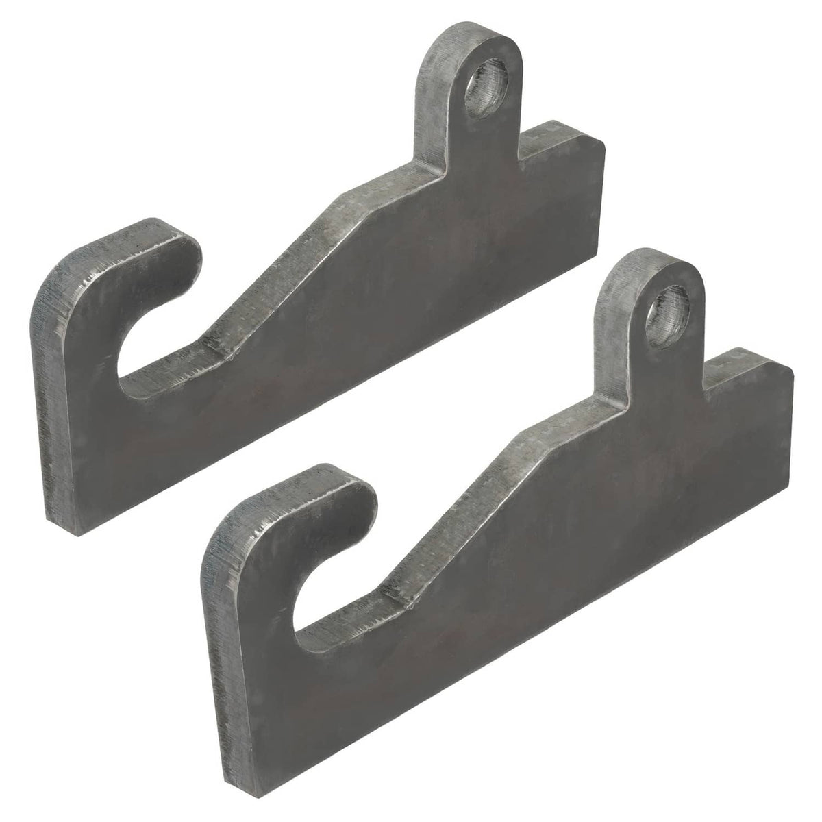 Pair of gray steel quick-attach coupler brackets with two hooks and round mounting holes