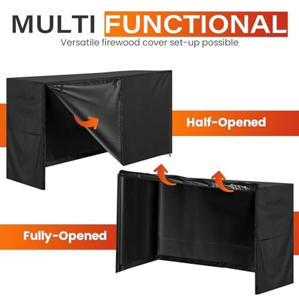 Black firewood rack cover with half-open and fully-open front panels for access.