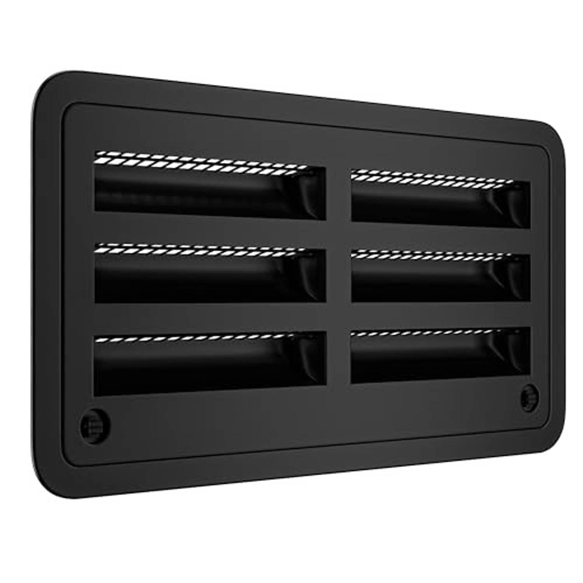 Black RV refrigerator upper/lower side wall vent with mesh insect screens and frame