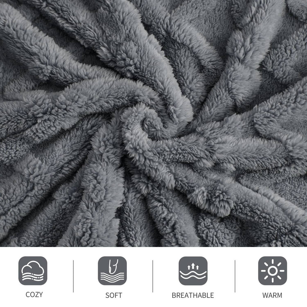 Gray plush blanket close-up showing looped fuzzy fibers and texture