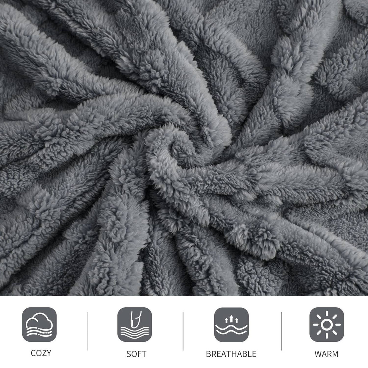 Gray plush blanket close-up showing looped fuzzy fibers and texture