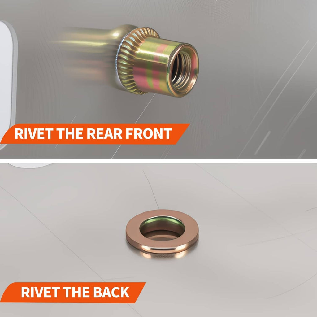 Rivet nut front and rear views with threaded insert and knurled body