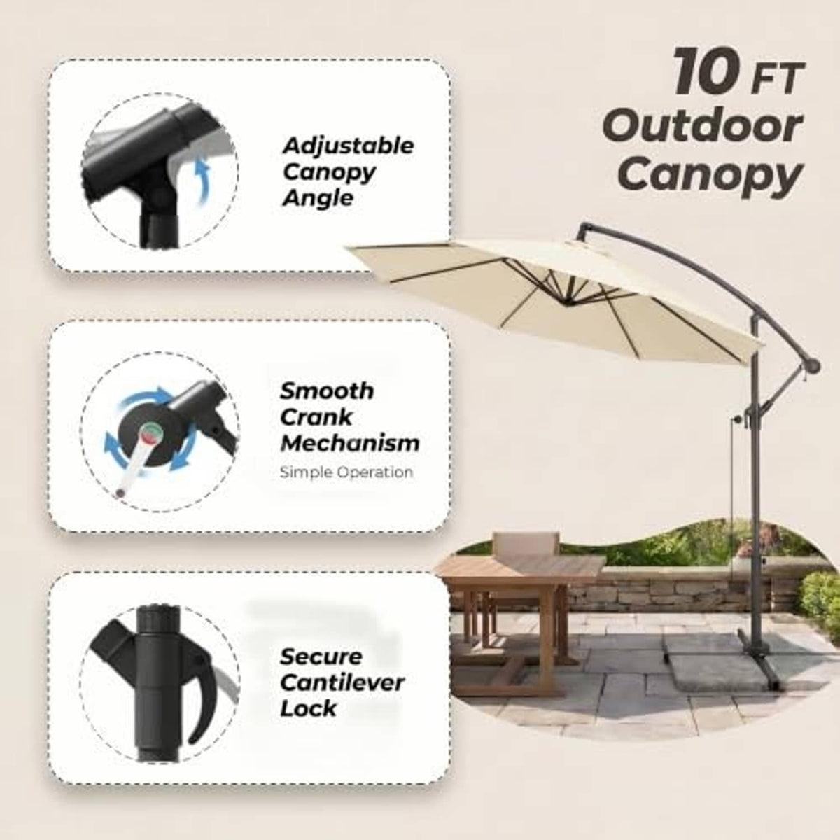 Beige offset patio umbrella with adjustable tilt canopy on dark stand