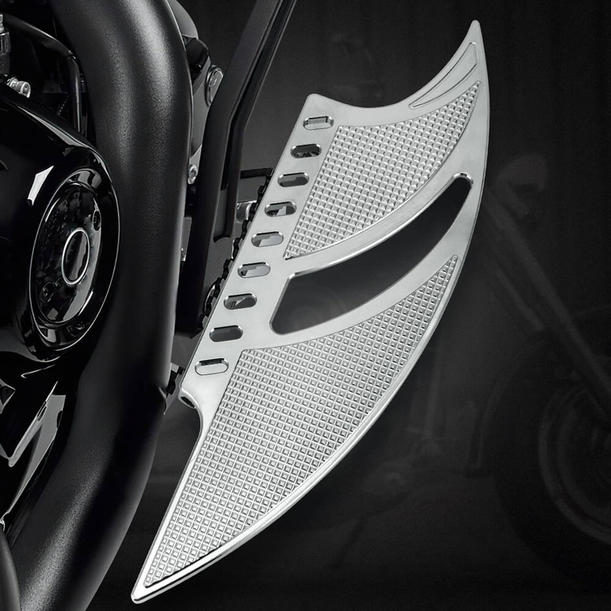 Chrome front floorboard footboard with diamond-texture grip and mounting holes