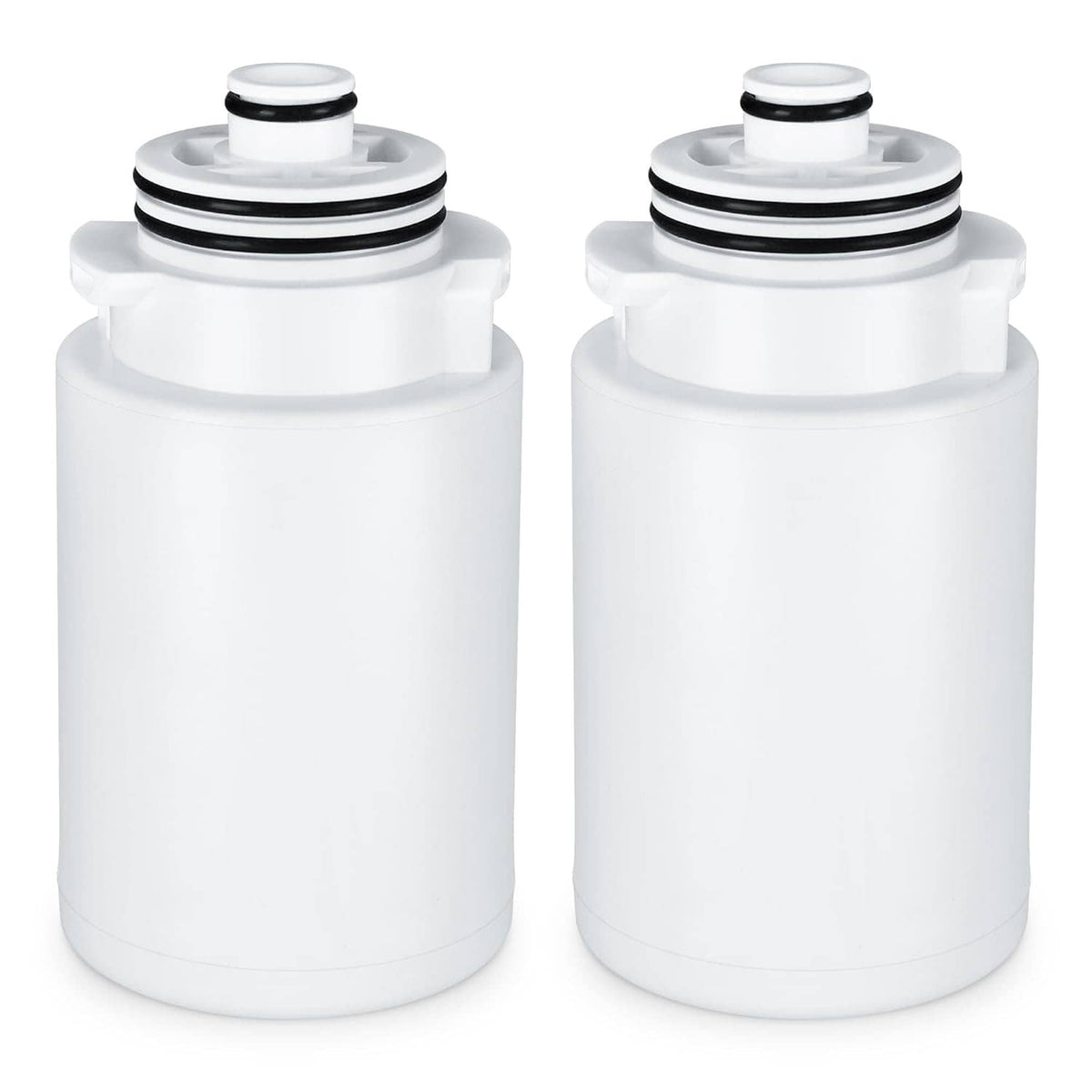 Showerhead filter replacement cartridges, two white cylindrical filters with black sealing rings