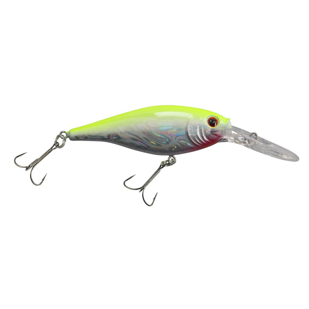 Pearly silver crankbait with chartreuse back, tail treble hook, and lip