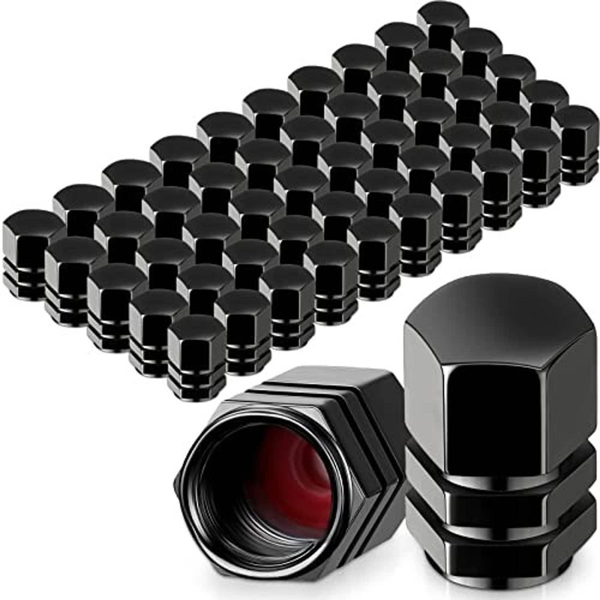 Black hex tire valve stem caps, metal construction, shown with a single cap close-up
