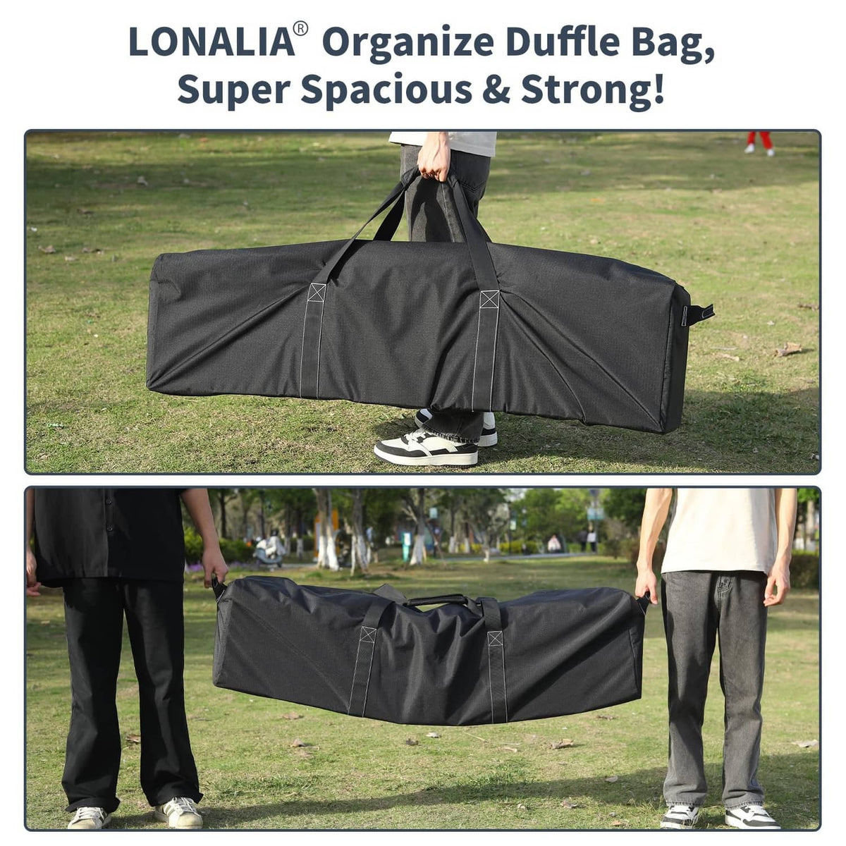 Black large duffel bag with extended top zipper and carry handles, standing upright.