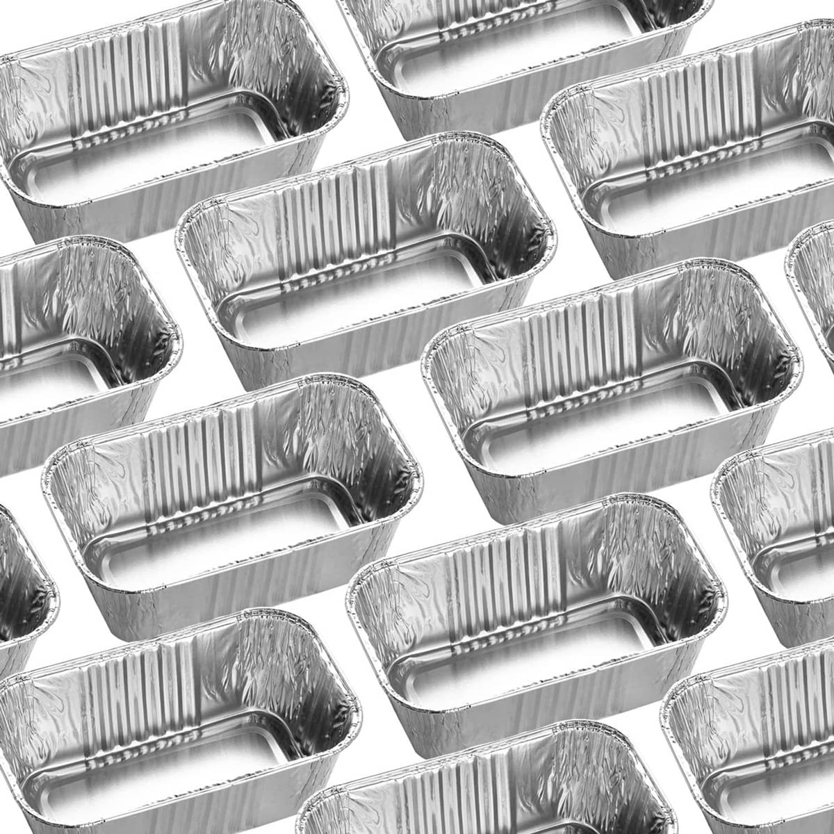 Aluminum mini loaf baking pans, multiple empty rectangular foil trays, 100-pack