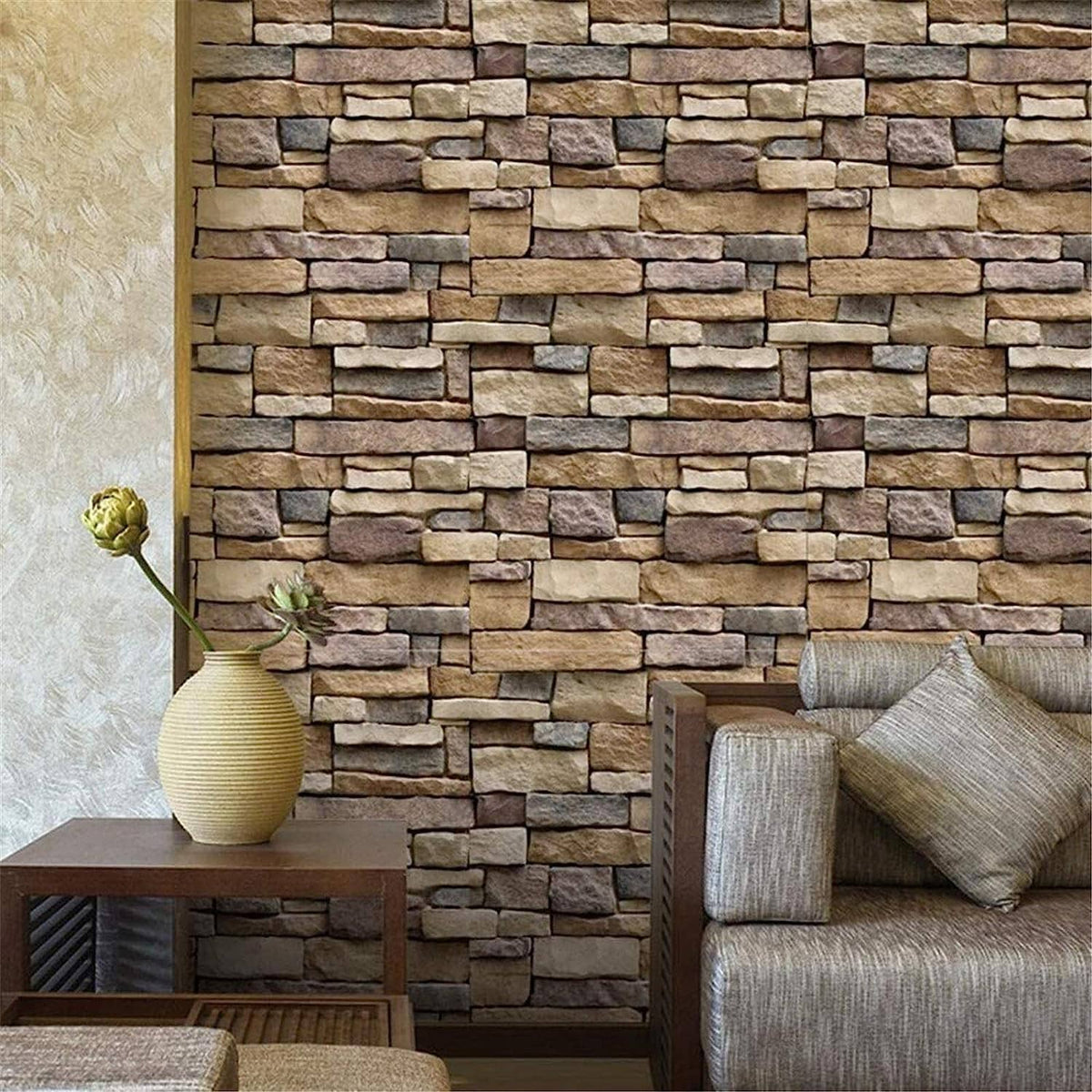Stone brick wallpaper in brown, tan, and gray faux stacked blocks