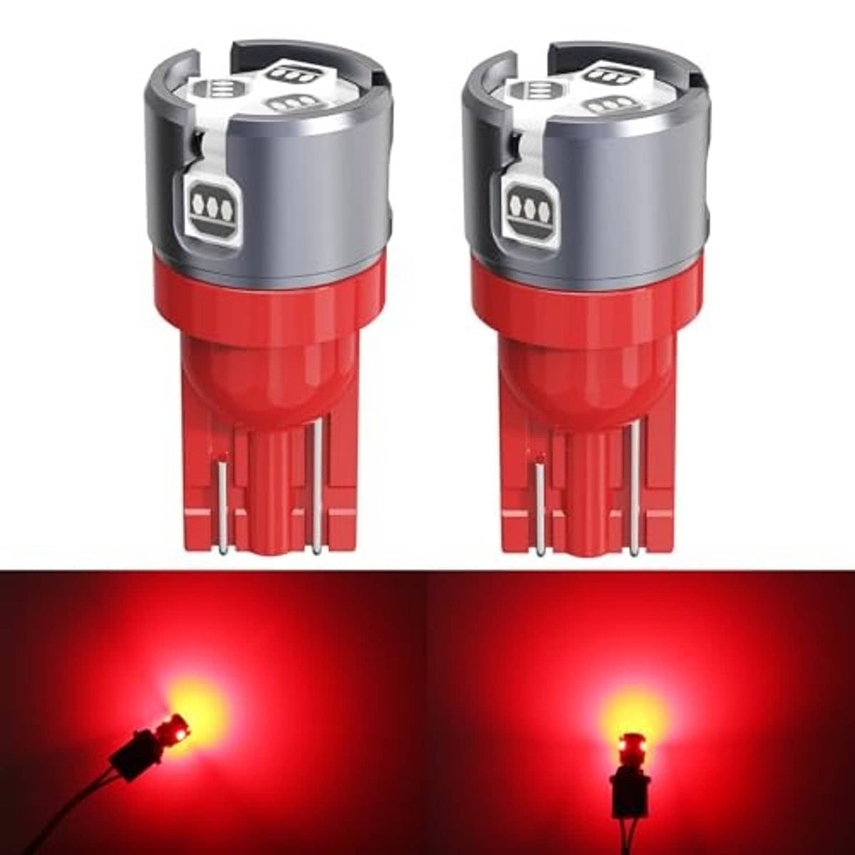 Two red T10 wedge LED bulbs with silver housings; red glow visible
