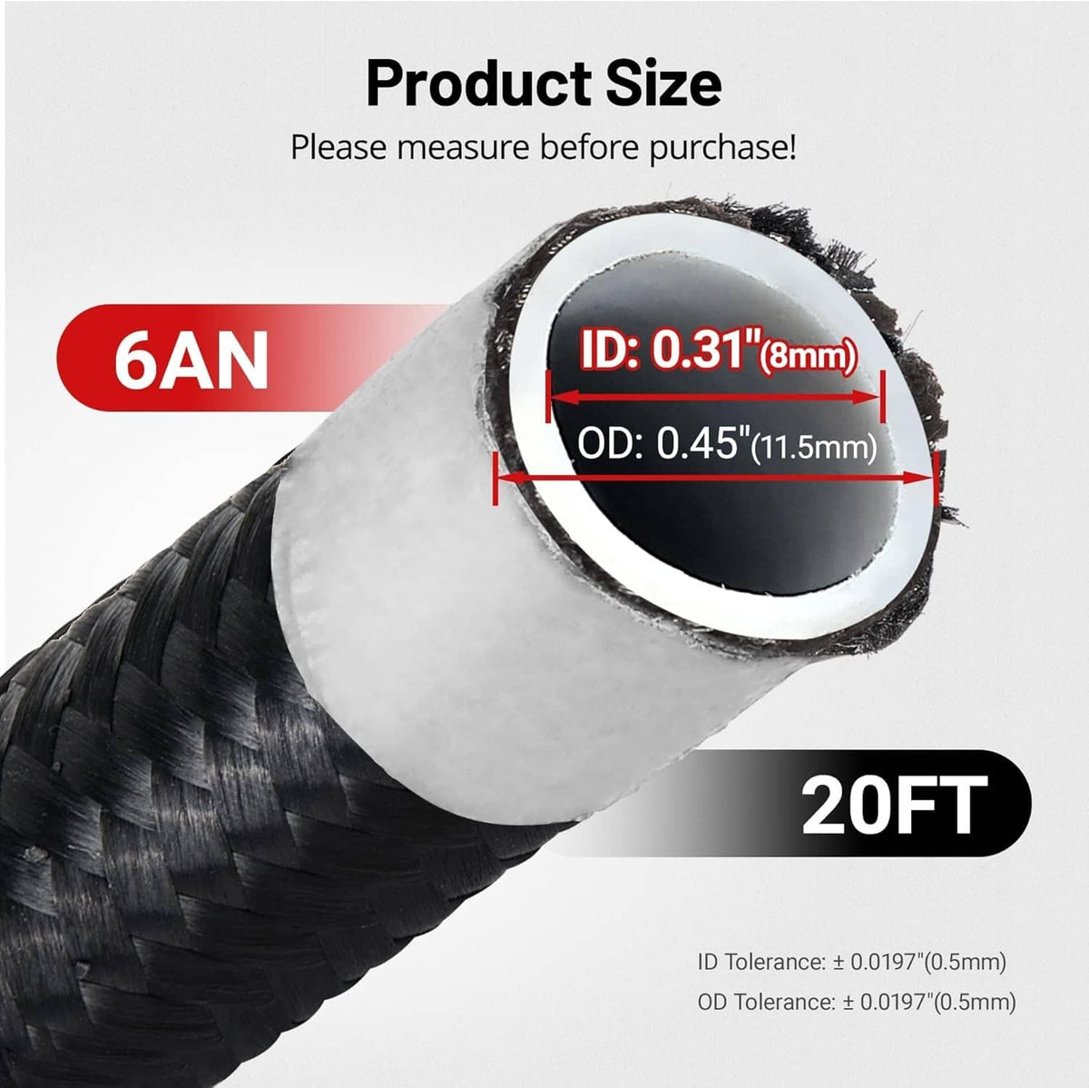 Black nylon braided fuel hose end with PTFE liner and ID/OD size callout