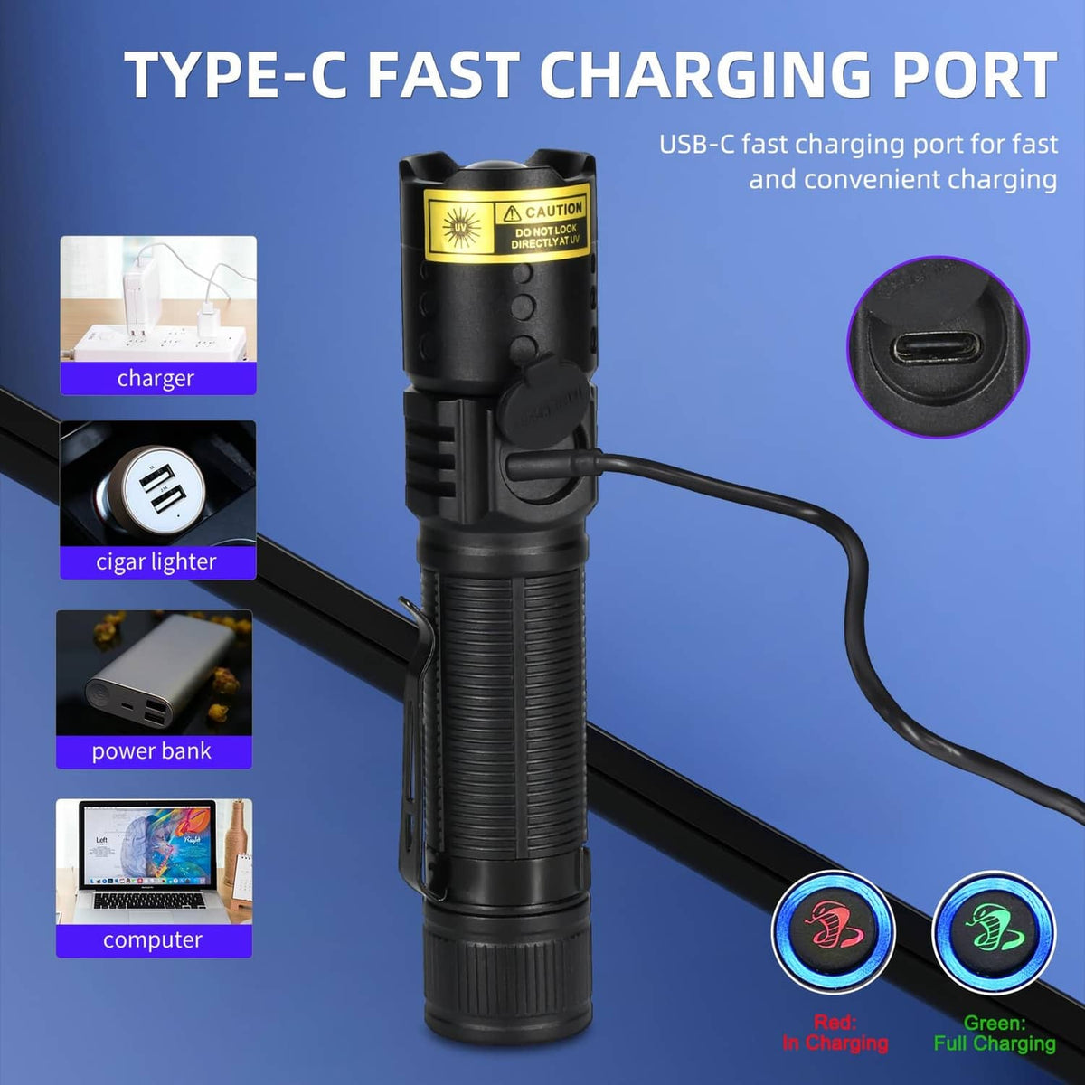 Black UV flashlight with USB-C charging port cable and blue indicator ring