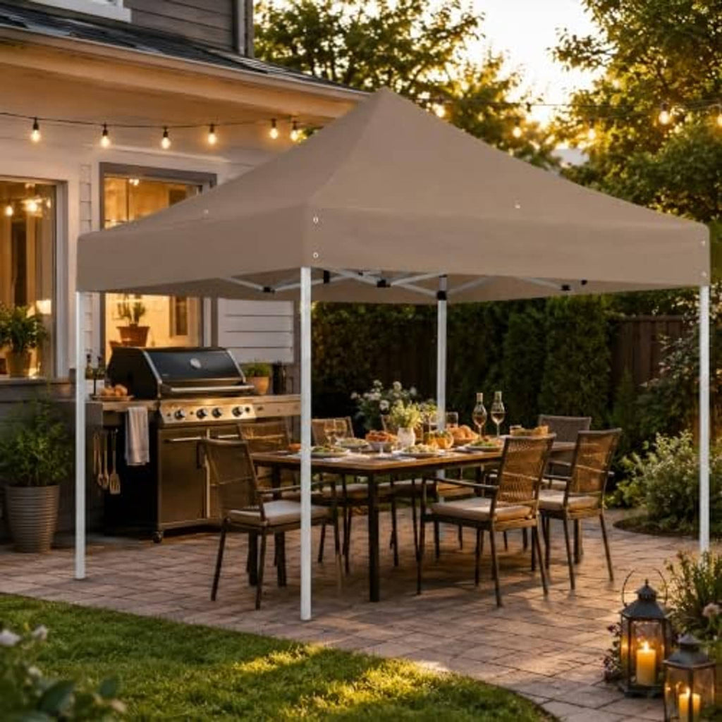 Khaki 10x10 canopy top over a pop-up frame with secure corner grommets