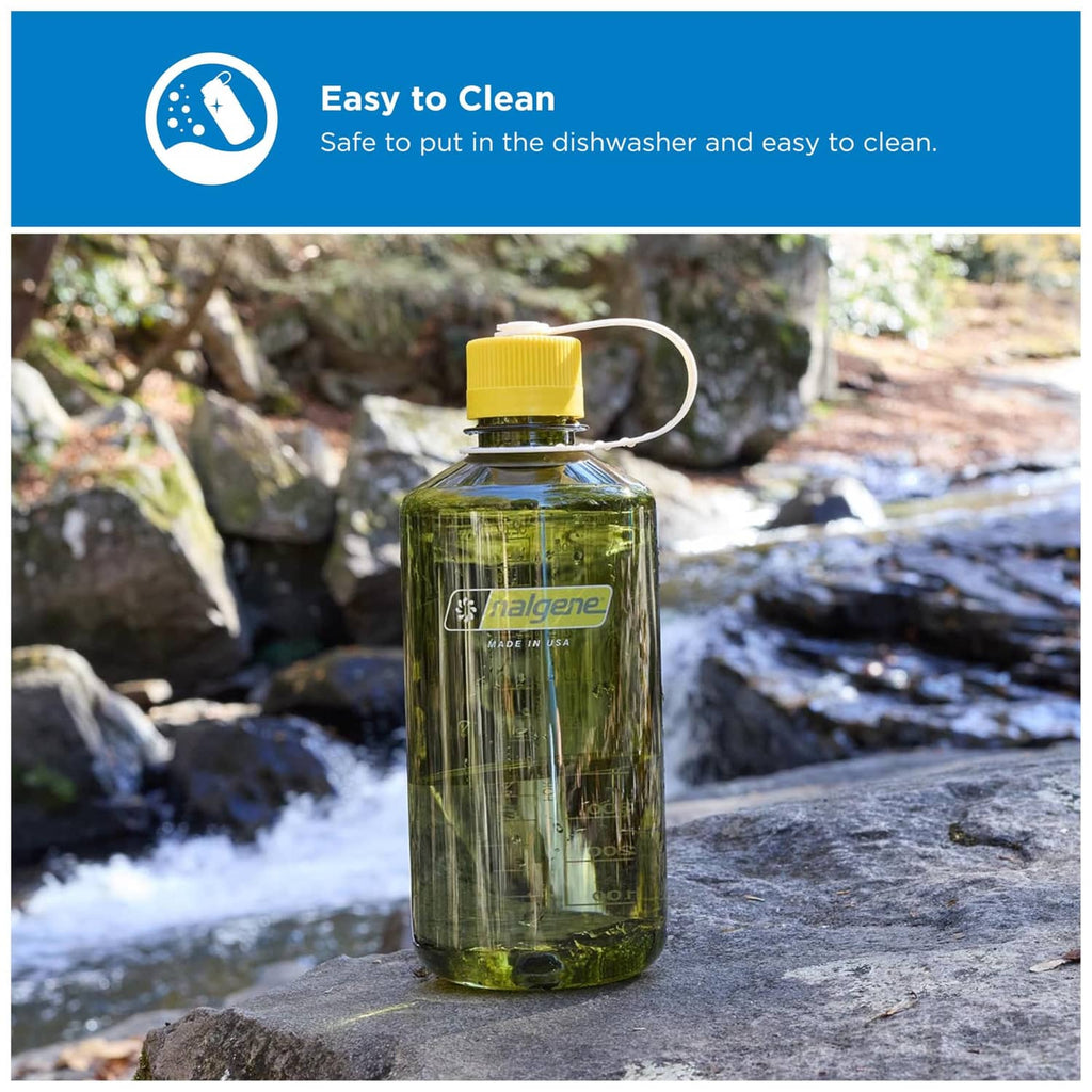 Oil green narrow mouth water bottle on a rock with yellow cap and carry loop
