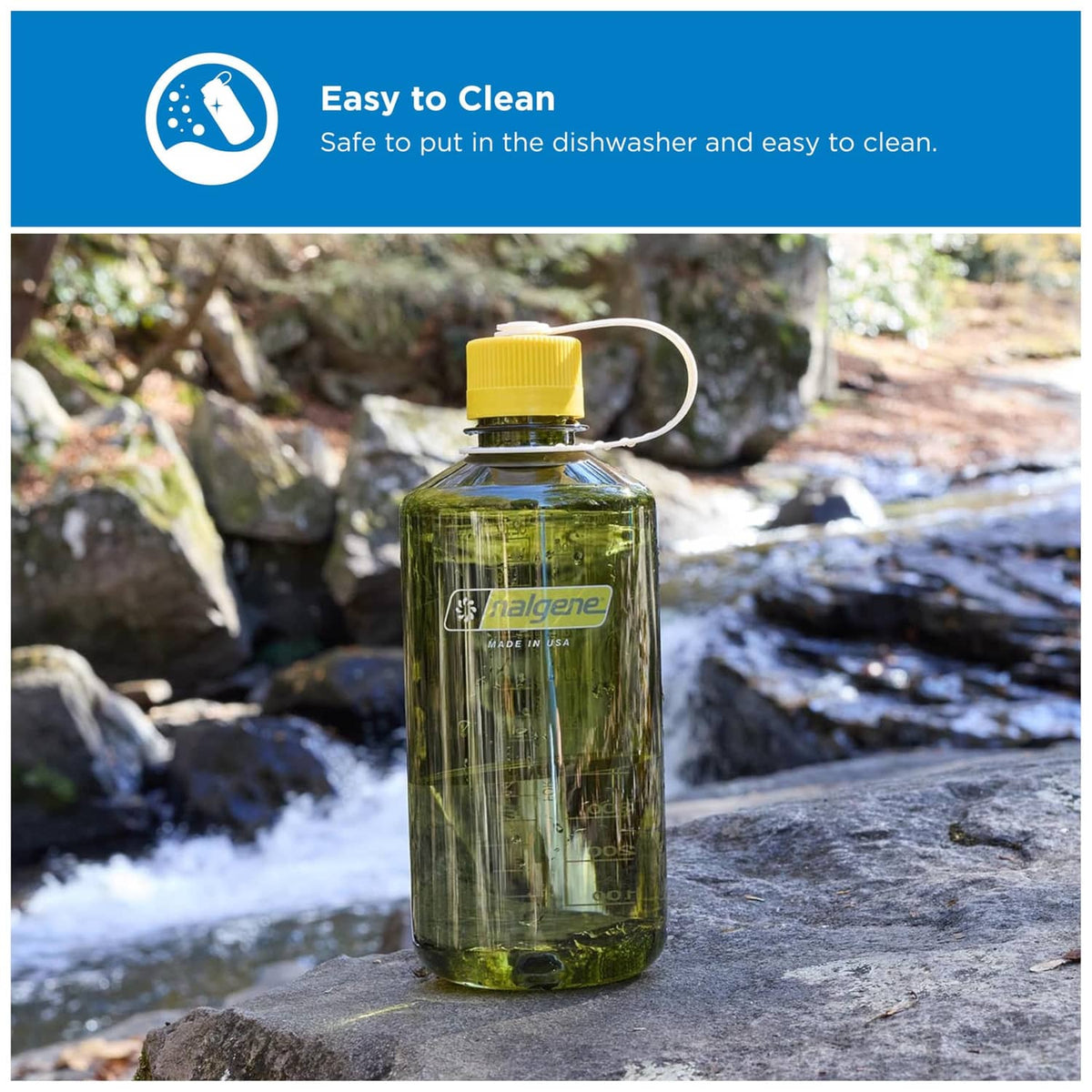 Oil green narrow mouth water bottle on a rock with yellow cap and carry loop