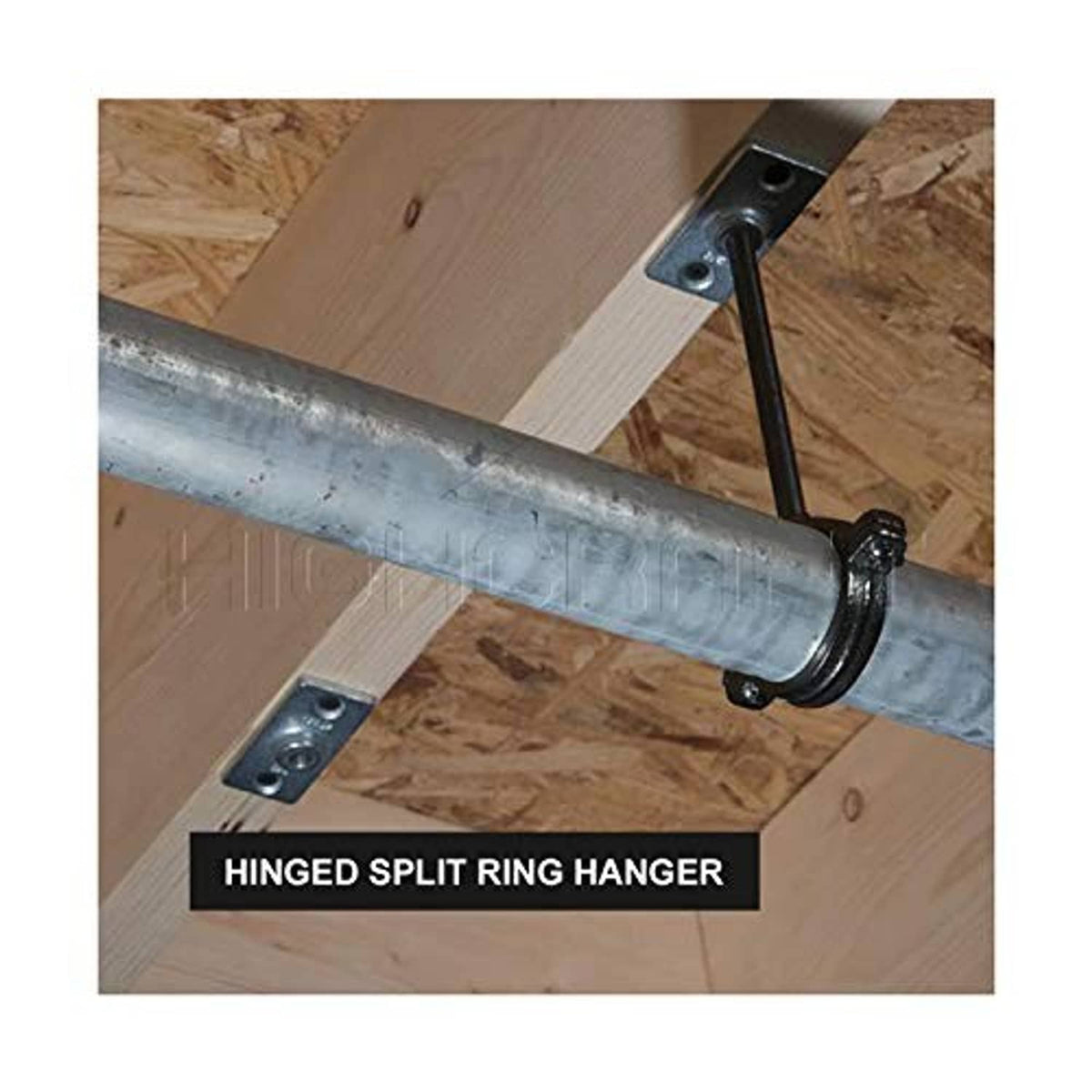Metal hinged split ring pipe hanger securing a gray pipe to a wooden ceiling beam