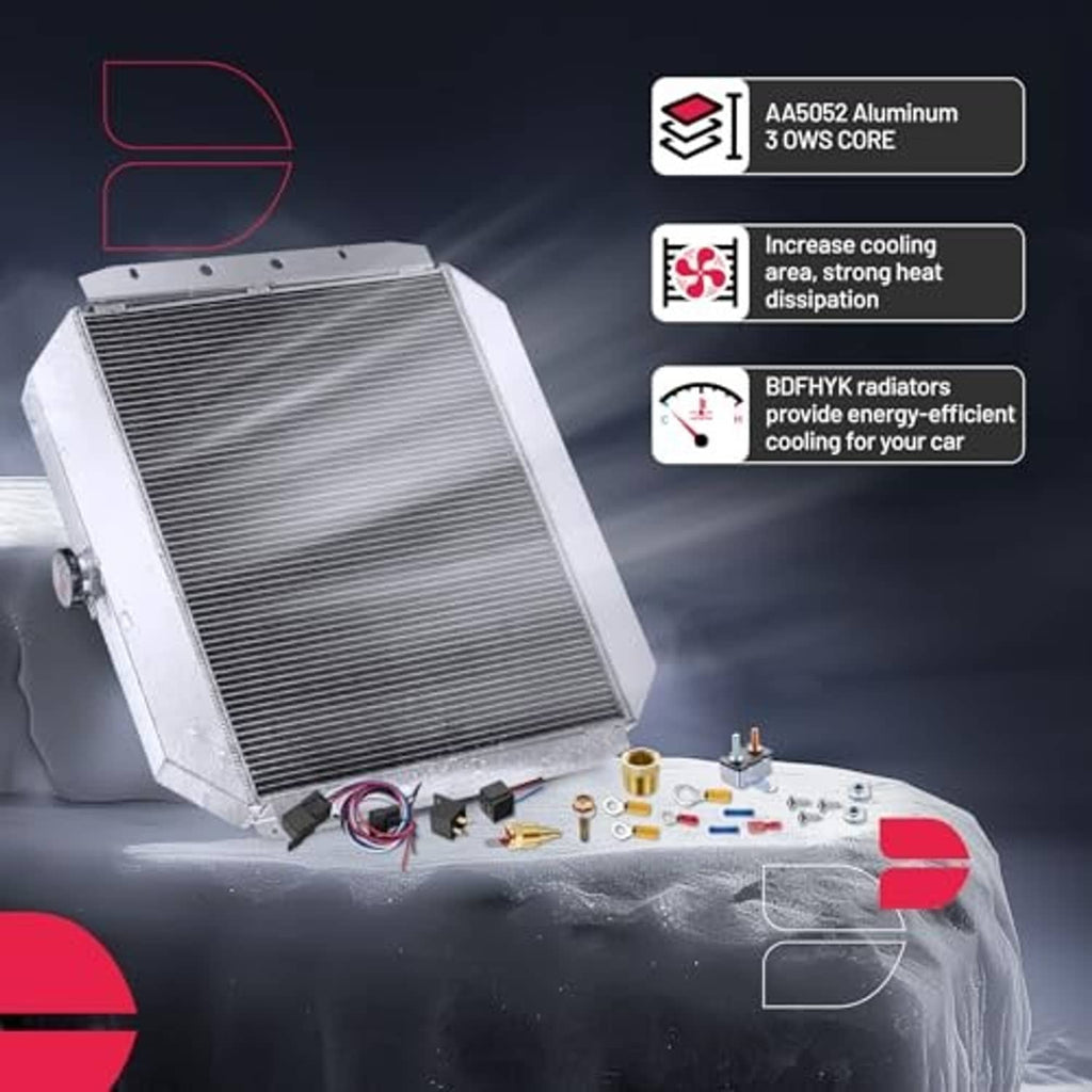 Aluminum radiator with finned core and mounted components, angled view with parts