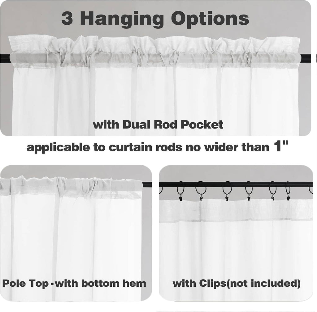 Sheer white curtains with ruffled pole-top and dual rod pocket design