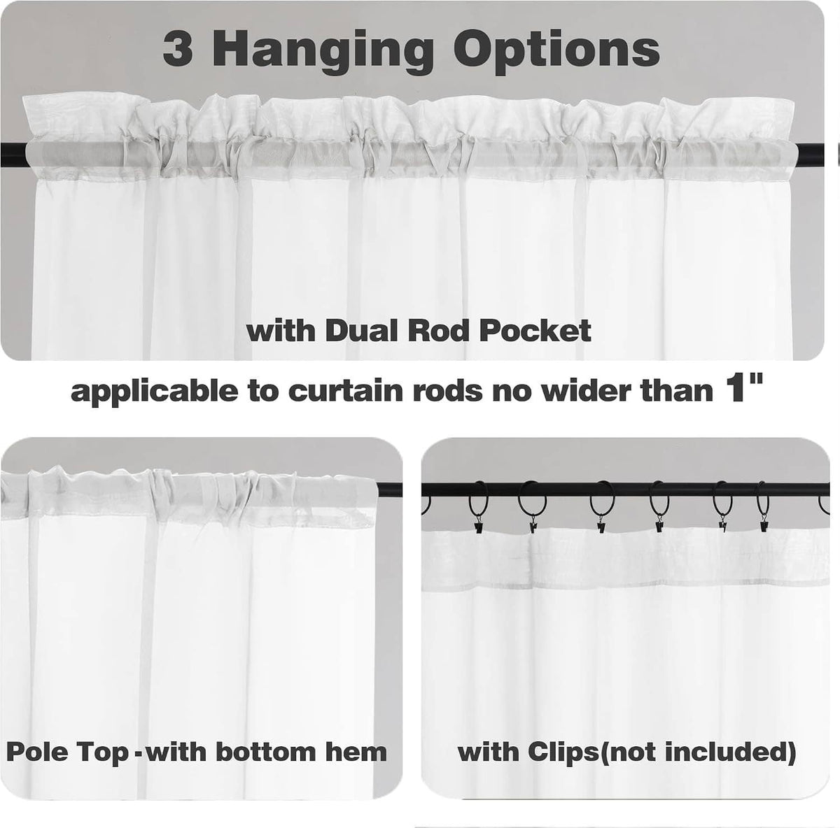 Sheer white curtains with ruffled pole-top and dual rod pocket design