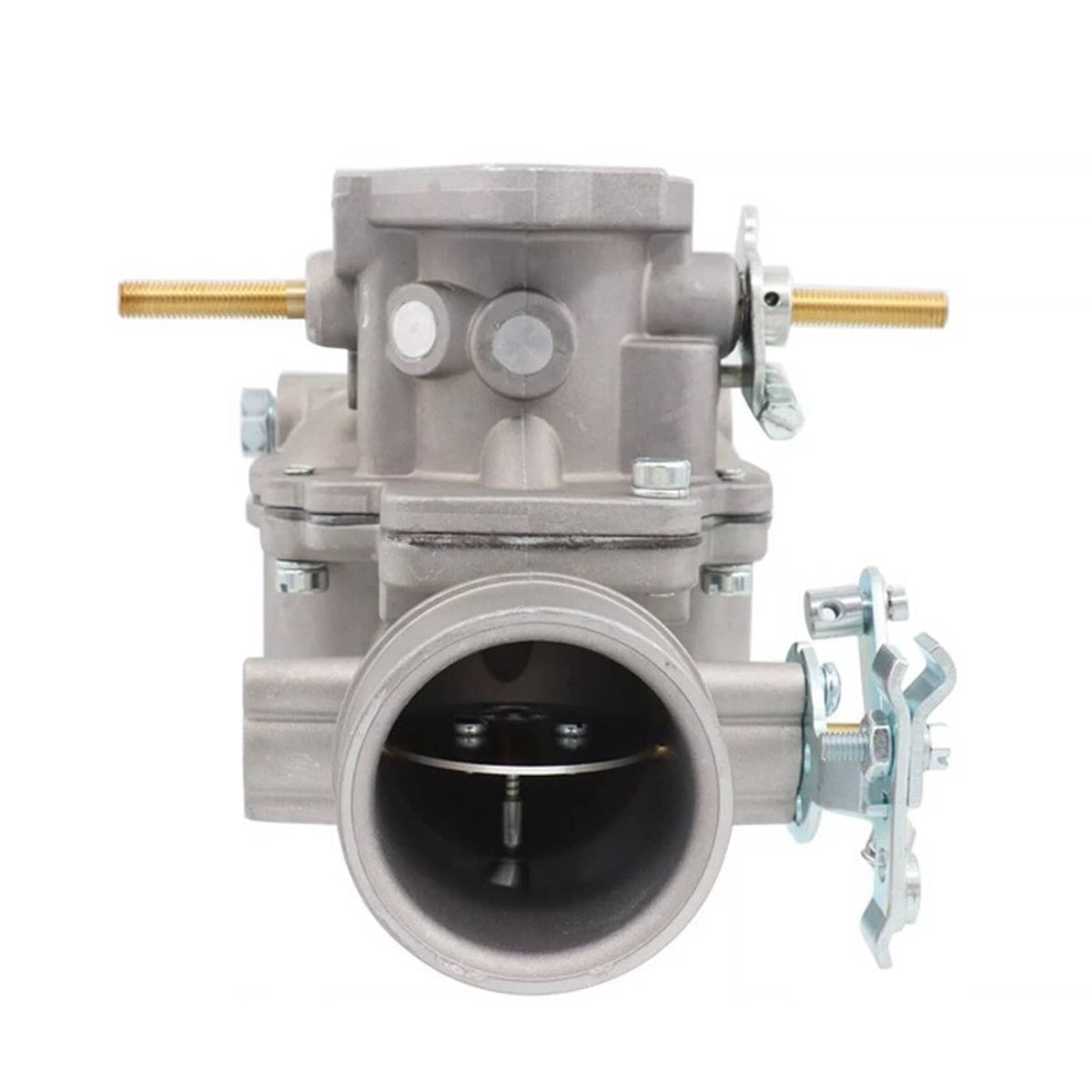 Carburetor assembly front view with circular throttle bore and external adjustment stems