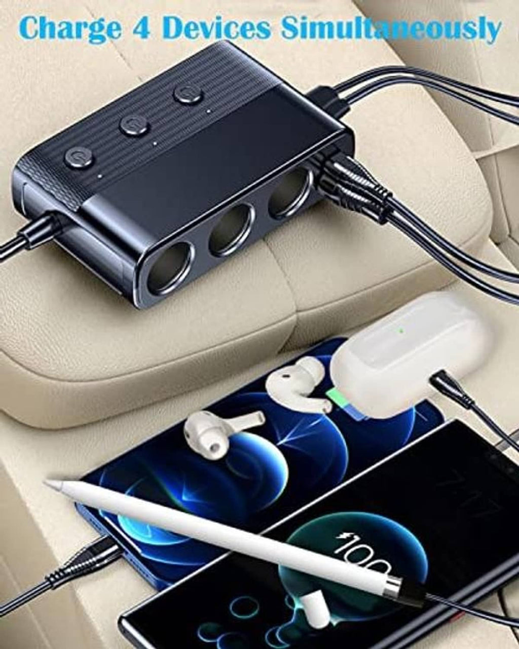 3-socket car cigarette lighter splitter adapter with multiple charging ports, on seat