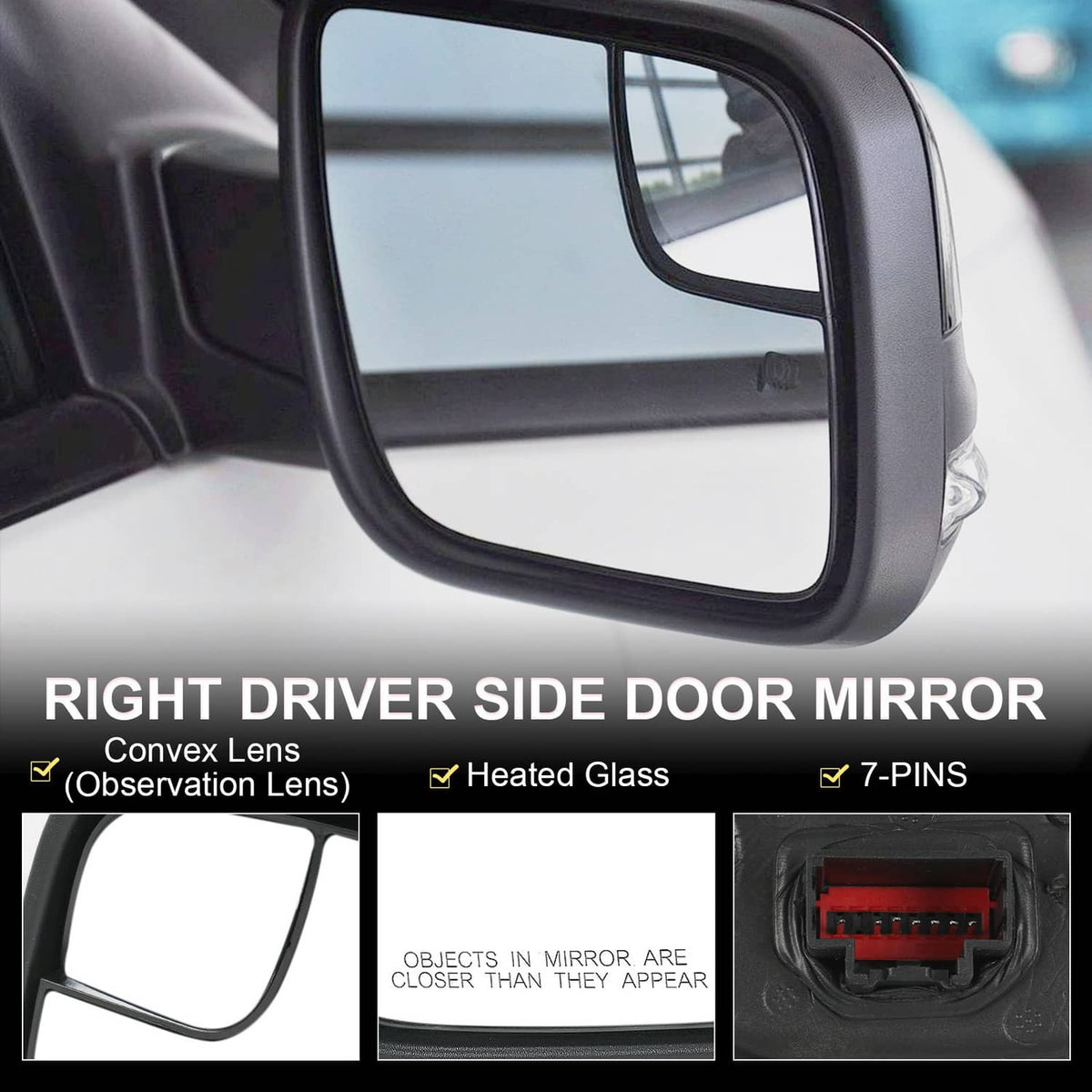 Right door mirror with black housing and clear convex mirror glass close-up