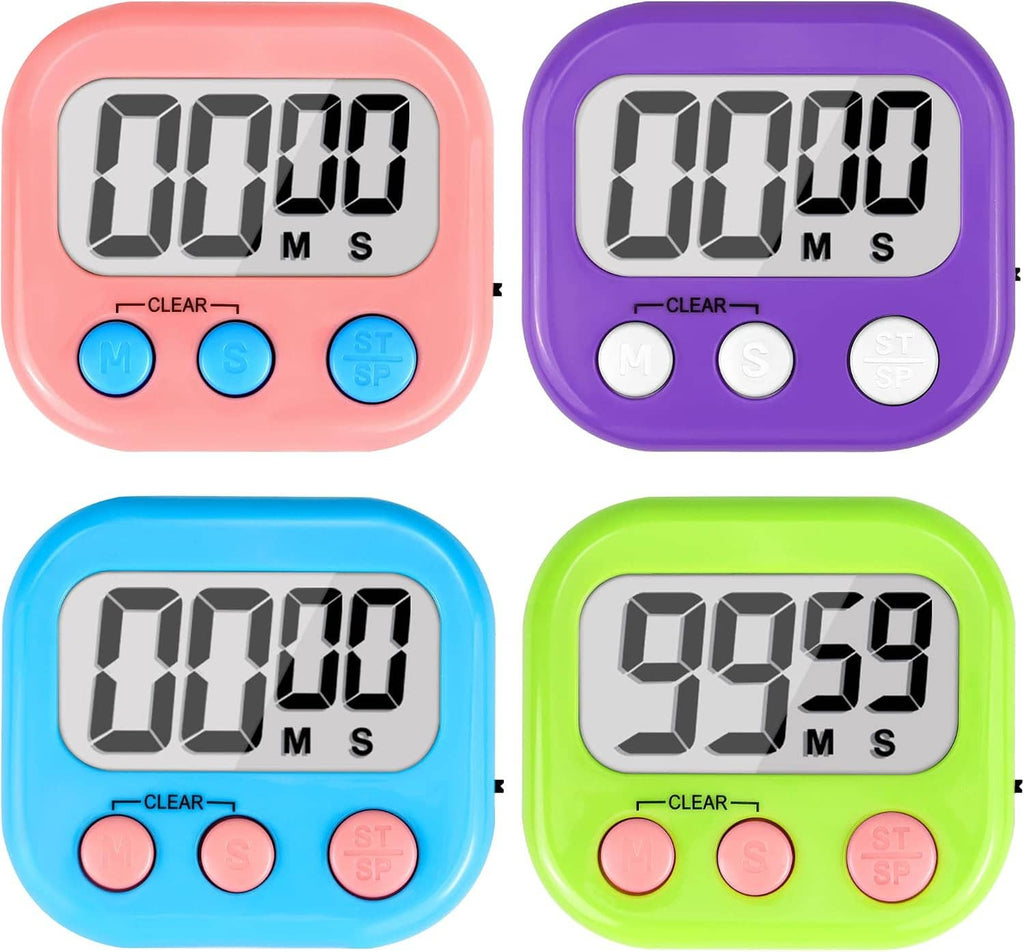 Collection of four handheld digital timers with large LCD numerals in pink, purple, blue, and lime