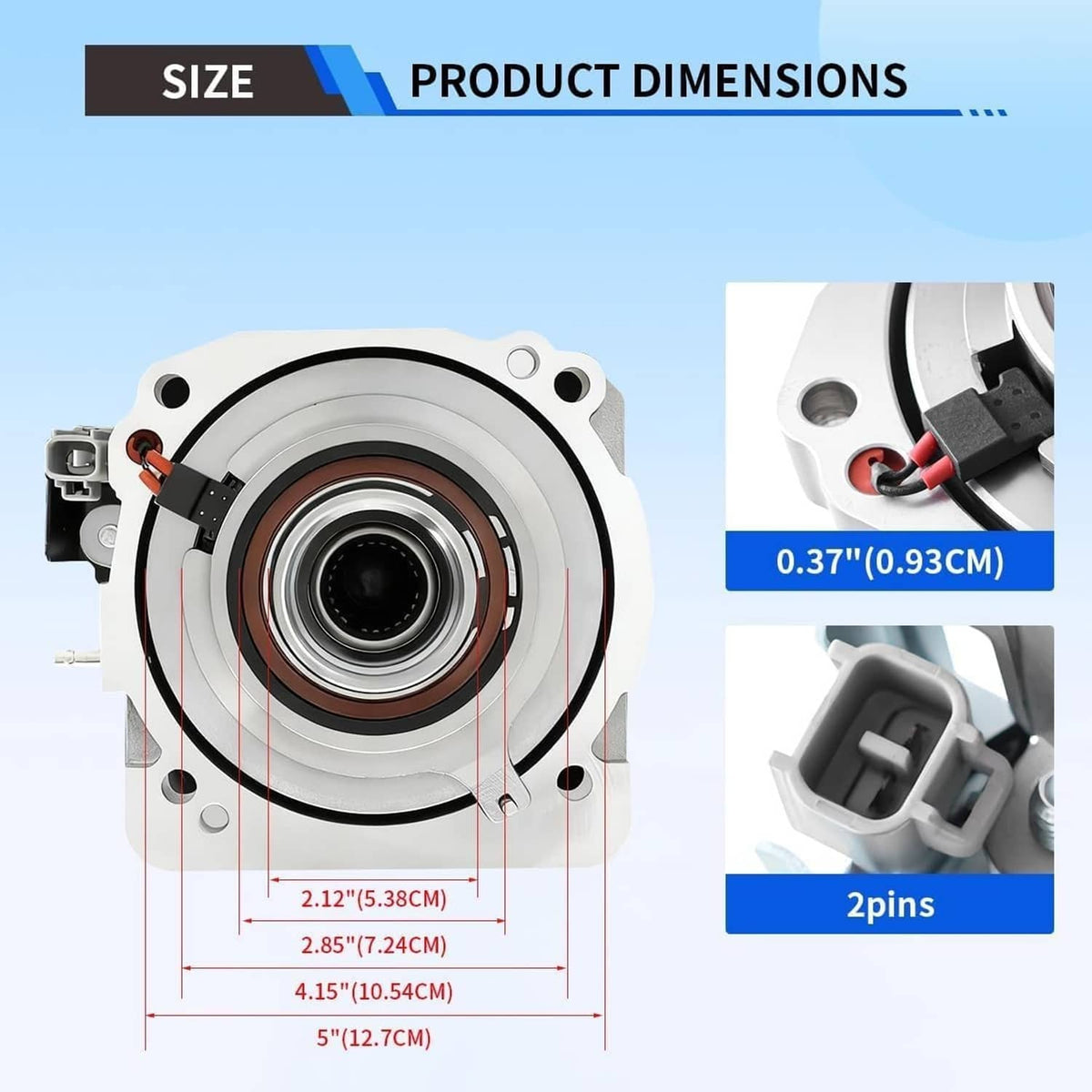 Viscous coupling size diagram with measurements and 2-pin electrical connector