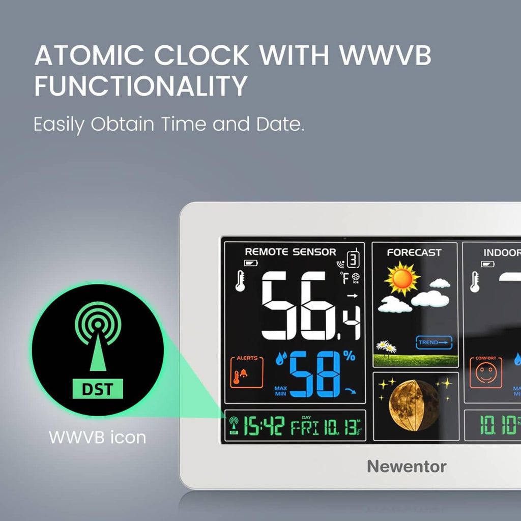 White weather station with WWVB time signal icon and LCD temperature readings