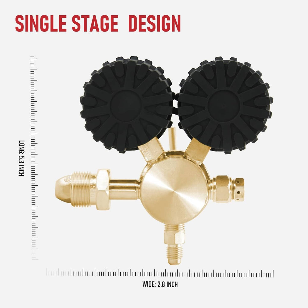 Single-stage nitrogen regulator with twin black gauge covers and brass valve body