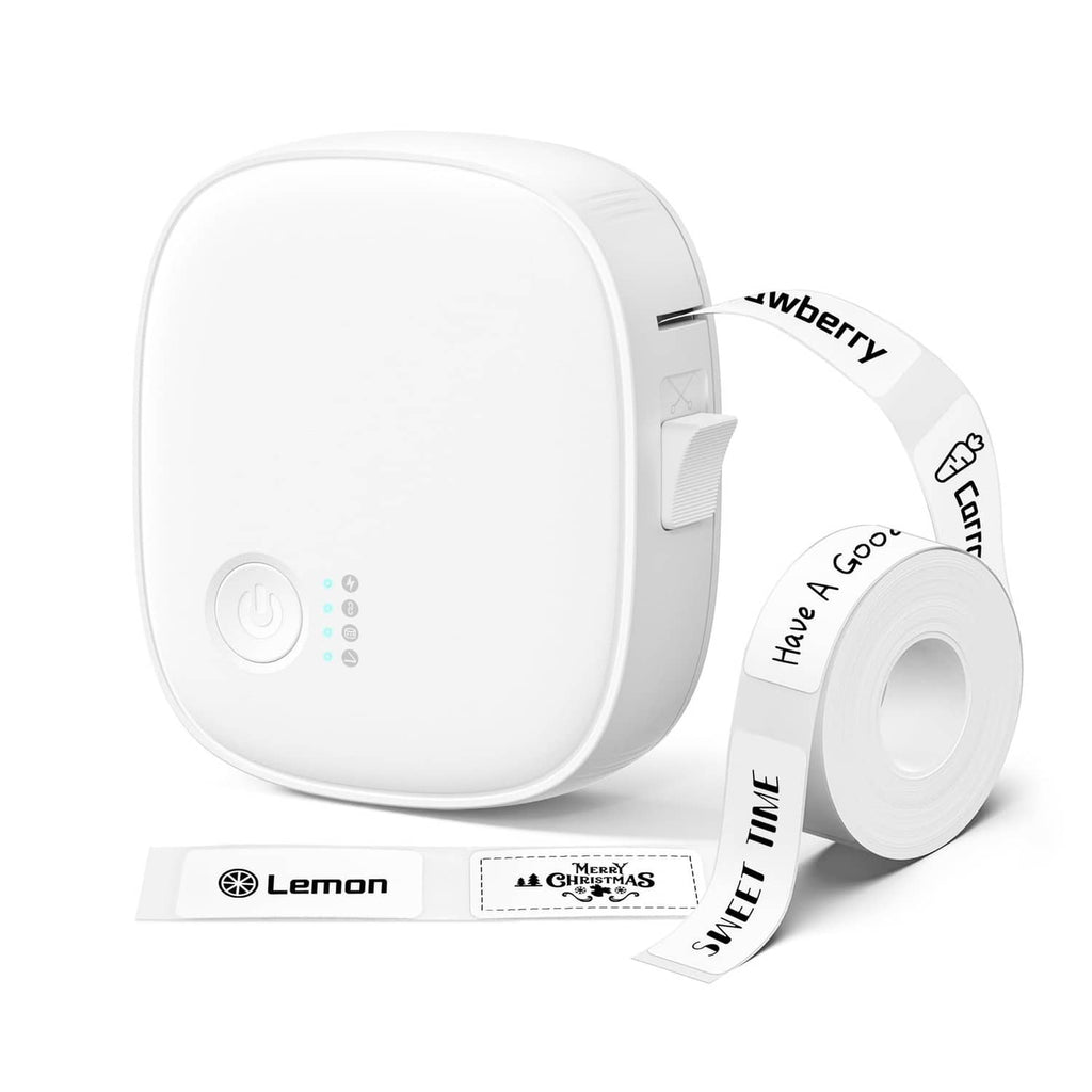 White portable Bluetooth label maker with tape cartridge and label strip