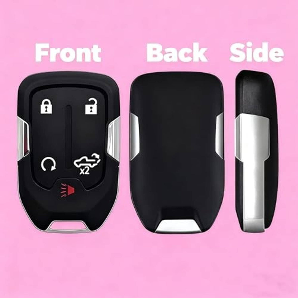 Black 5-button keyless remote key fob shell replacement showing front, back, and side