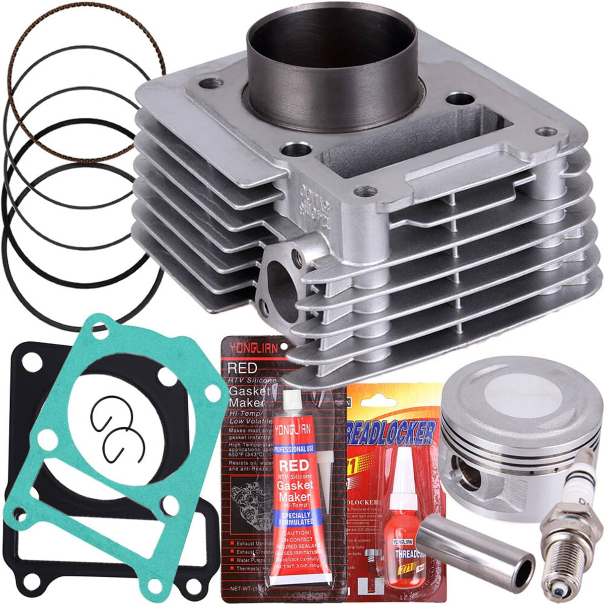 Aluminum cylinder head and piston kit with piston rings and gaskets, silver metal finish