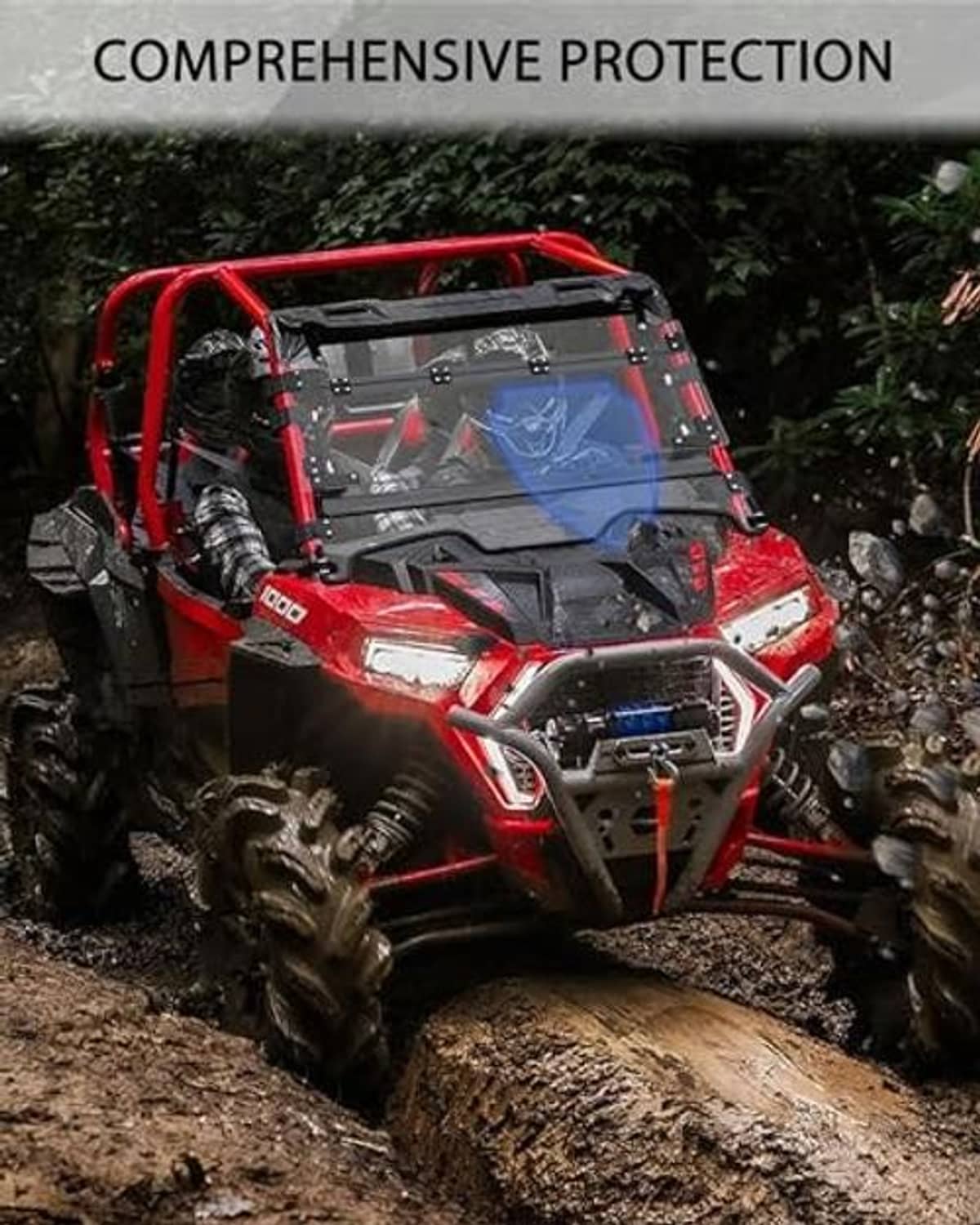 Flip-up windshield installed on a red off-road UTV